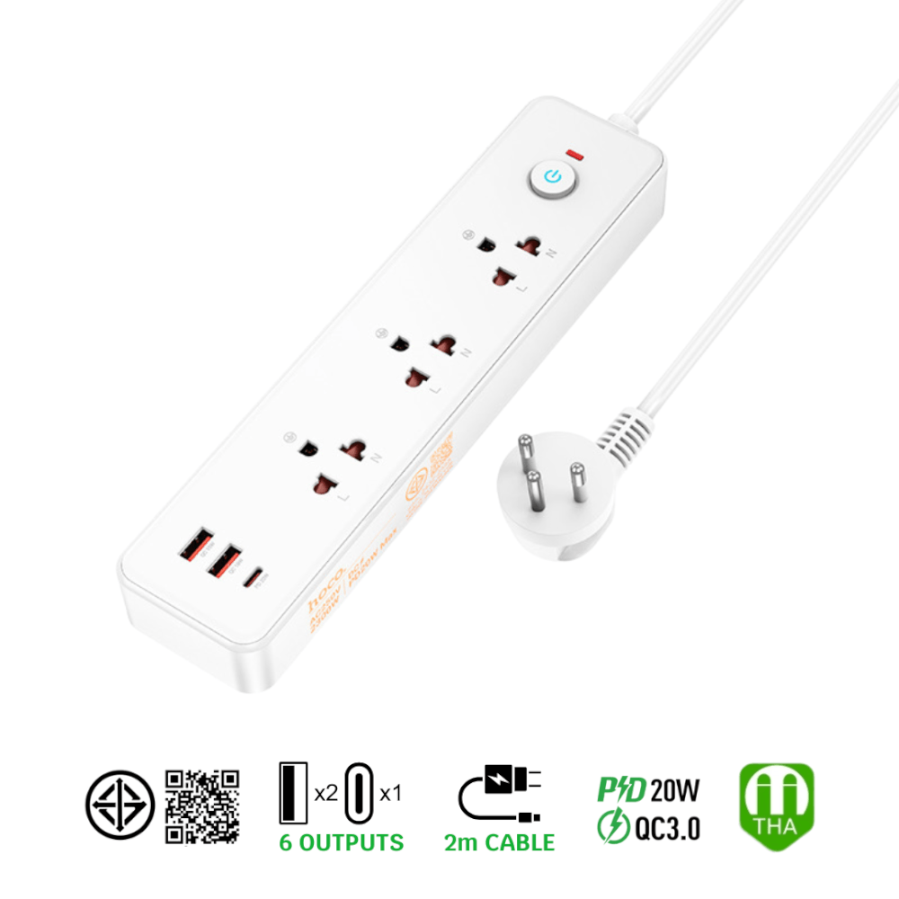 รางปลั๊กไฟ 3 ช่อง 2 USB 1 TYPE-C 1 สวิตช์ HOCO DC133 สีขาว 2300W สายยาว 2M
