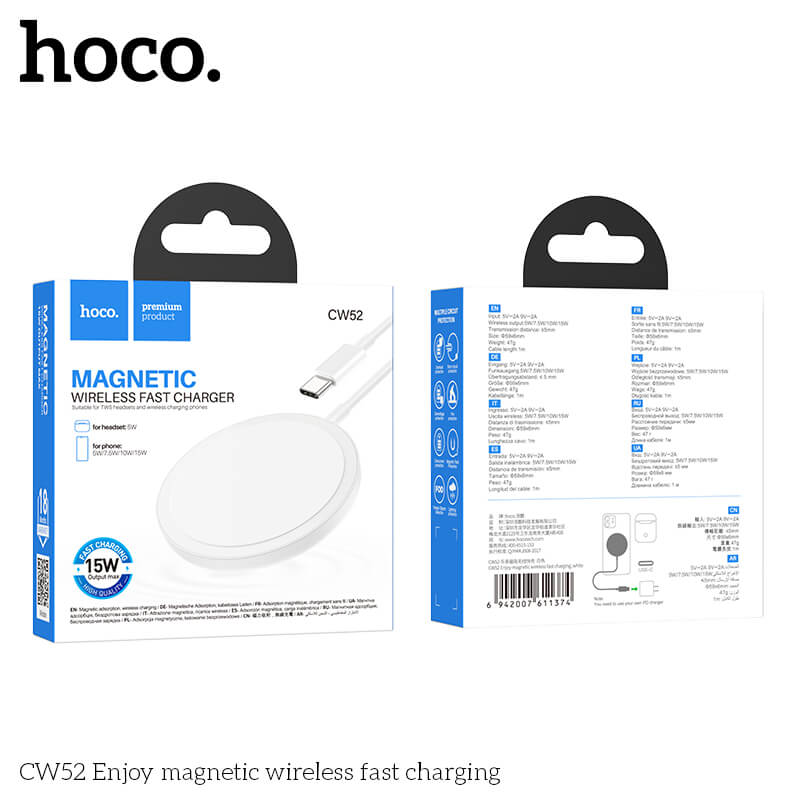 แท่นชาร์จไร้สาย 2IN1 HOCO CW52 QI WIRELESS จ่ายไฟ 15W รองรับ มือถือ & หูฟังไร้สาย IOS ANDROID สีขาว