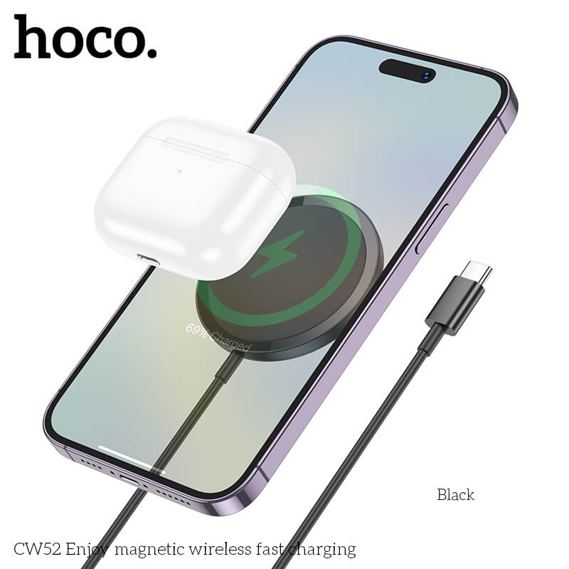 แท่นชาร์จไร้สาย 2IN1 HOCO CW52 QI WIRELESS จ่ายไฟ 15W รองรับ มือถือ & หูฟังไร้สาย IOS ANDROID สีดำ