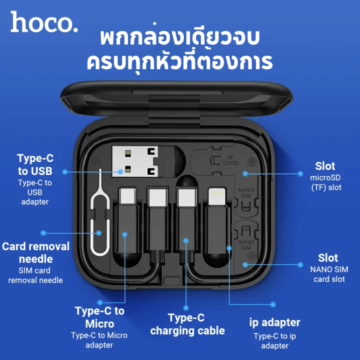 ชุดสายชาร์จเร็ว 6IN1 HOCO U114 สีดำ พร้อมกล่องเก็บ TYPE-C TO TYPE-C จ่ายไฟ 60W พร้อมหัวแปลง