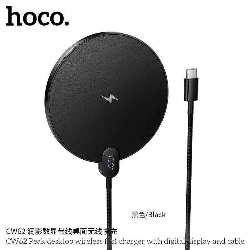 แท่นชาร์จไร้สาย 2IN1 HOCO CW62 ระบบ QI พร้อมหน้าจอ LED กำลังไฟสูงสุด 15W สำหรับสมาร์ทโฟน และ หูฟังไร้สาย สีดำ