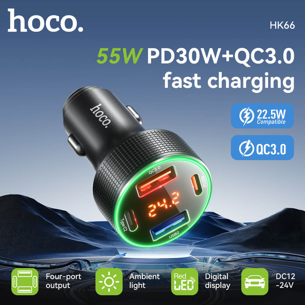 หัวชาร์จในรถยนต์ 4 พอร์ต HOCO HK66 จ่ายไฟสูงสุด 55W รองรับชาร์จเร็ว PD 30W + QC 3.0 มีจอบอกแรงดันไฟ