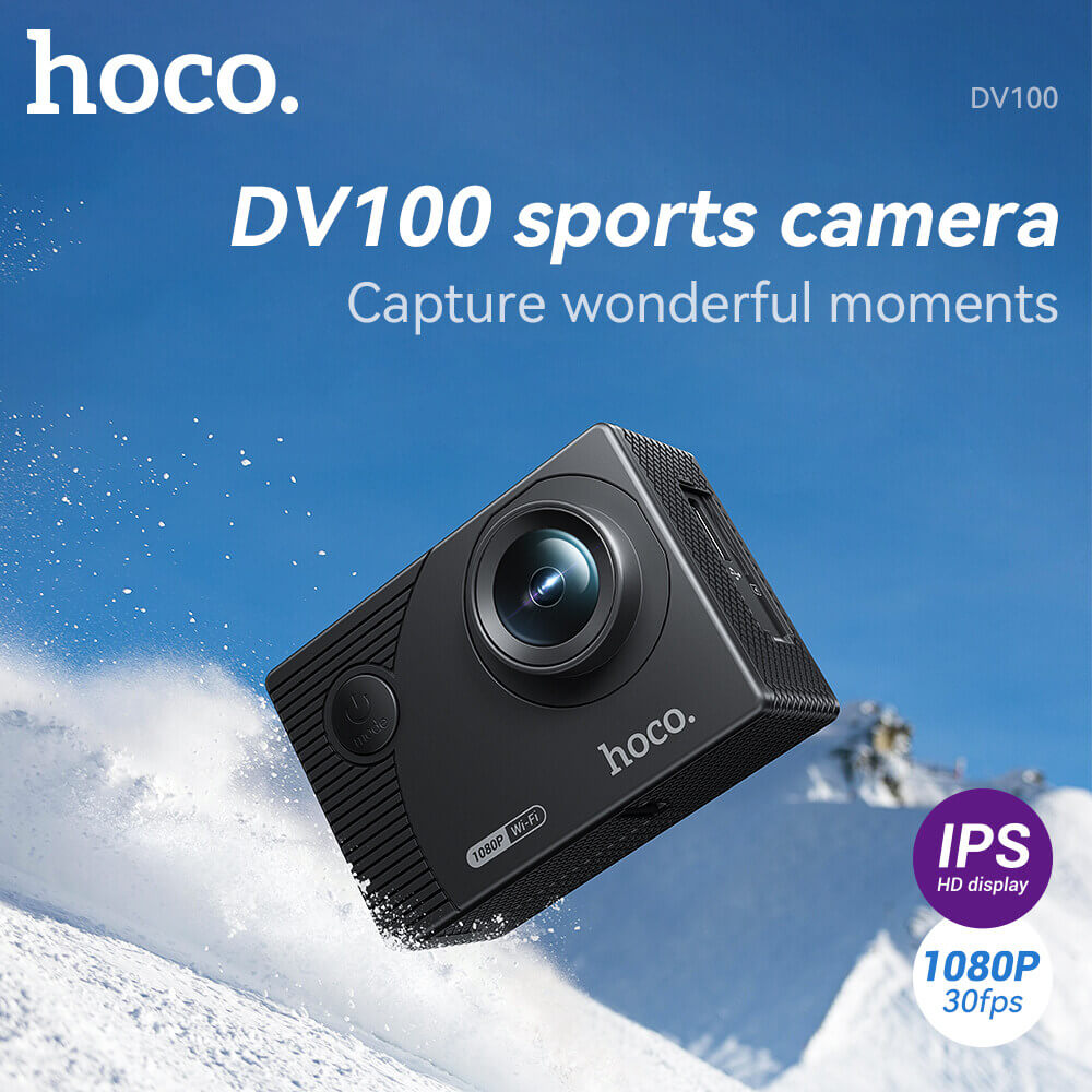 กล้องแอคชั่น HOCO DV100 สีดำ กันน้ำลึก 30 เมตร เลนส์ 150 องศา 1080P / 30FPS หน้าจอ IPS 2 นิ้ว