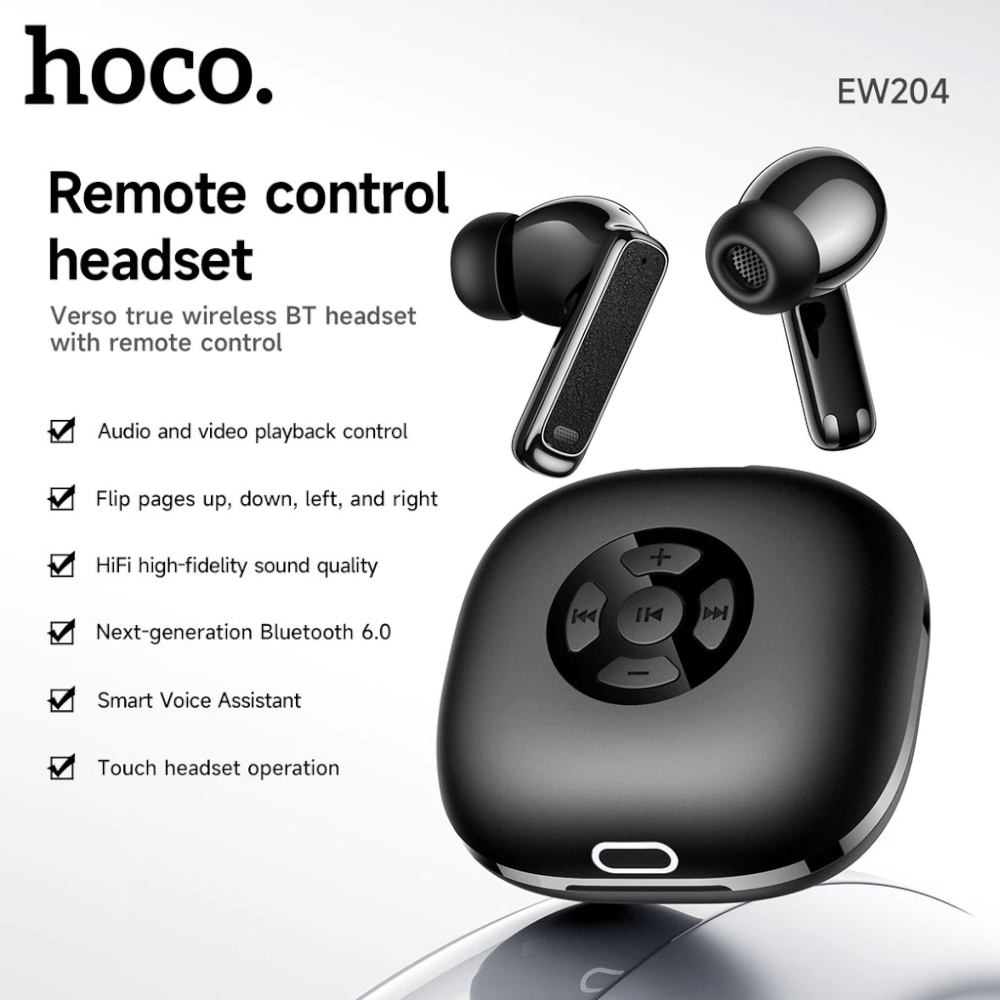 หูฟังไร้สาย HOCO EW204 พร้อมเคสรีโมทคอนโทรล ควบคุมสมาร์ทโฟน การชมวิดีโอ การฟังเพลง การถ่ายรูป สีดำ