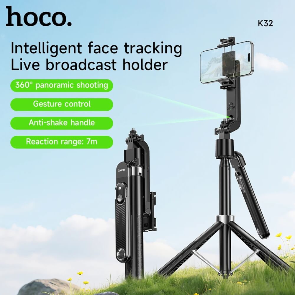 ขาตั้งมือถือ HOCO K32 หมุนได้ 360&deg; ติดตามใบหน้าอัตโนมัติ, รีโมทบลูทูธ, ปรับความสูงได้ 181 ซม., ควบคุมด้วยท่าทาง, ระบบกันสั่น 3 แกน