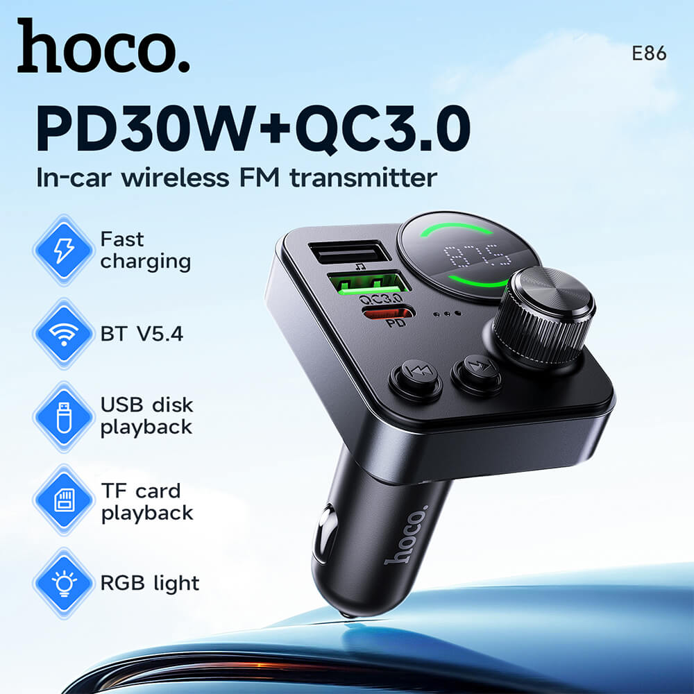 บลูทูธรถยนต์ + หัวชาร์จในรถ 2IN1 HOCO E86 ชาร์จเร็ว PD 30W + QC 3.0 รองรับแฟลชไดรฟ์ TF CARD สีดำ