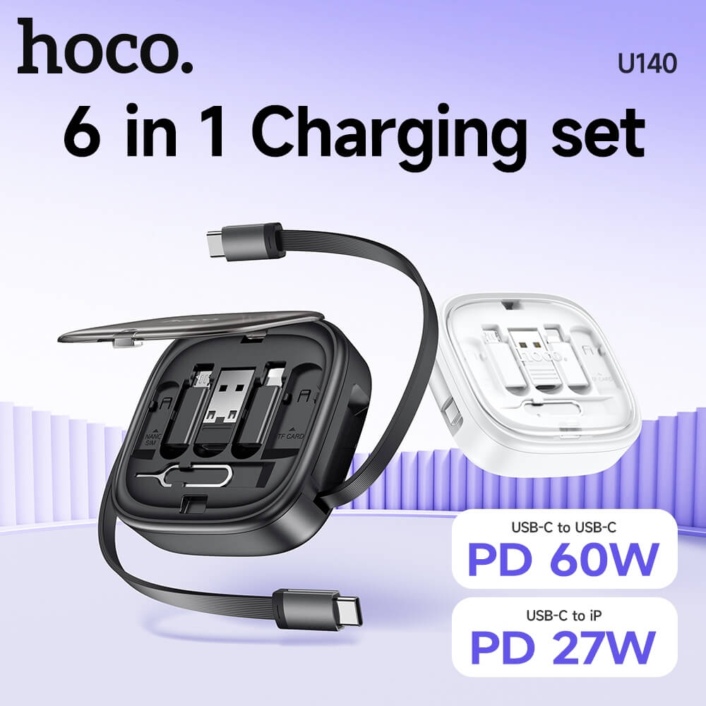 ชุดสายชาร์จเร็ว 6IN1 HOCO U140 สีดำ พร้อมกล่องเก็บ TYPE-C TO TYPE-C จ่ายไฟ 60W และหัวแปลง 3 ชนิด