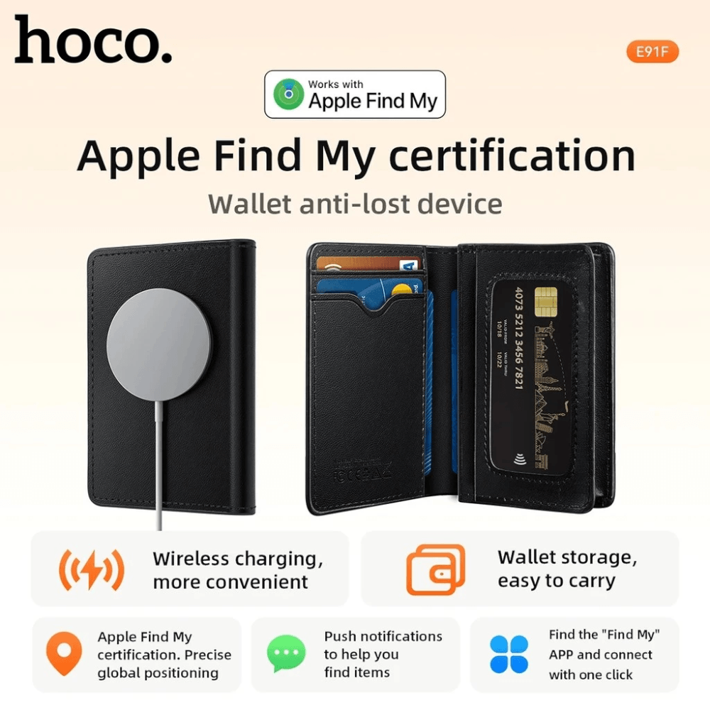 กระเป๋าเก็บการ์ดอัจฉริยะ HOCO E91F พร้อม GPS TRACKER ติดตามตำแหน่งทั่วโลก สำหรับ APPLE IOS เก็บบัตรได้ 11 ใบ
