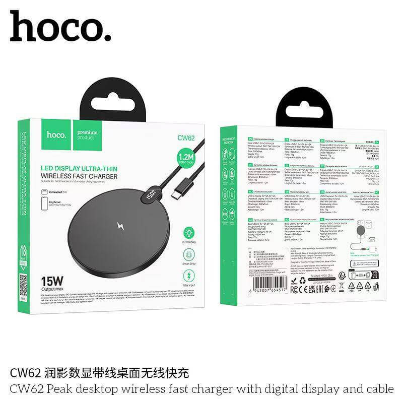 แท่นชาร์จไร้สาย 2IN1 HOCO CW62 ระบบ QI พร้อมหน้าจอ LED กำลังไฟสูงสุด 15W สำหรับสมาร์ทโฟน และ หูฟังไร้สาย สีดำ