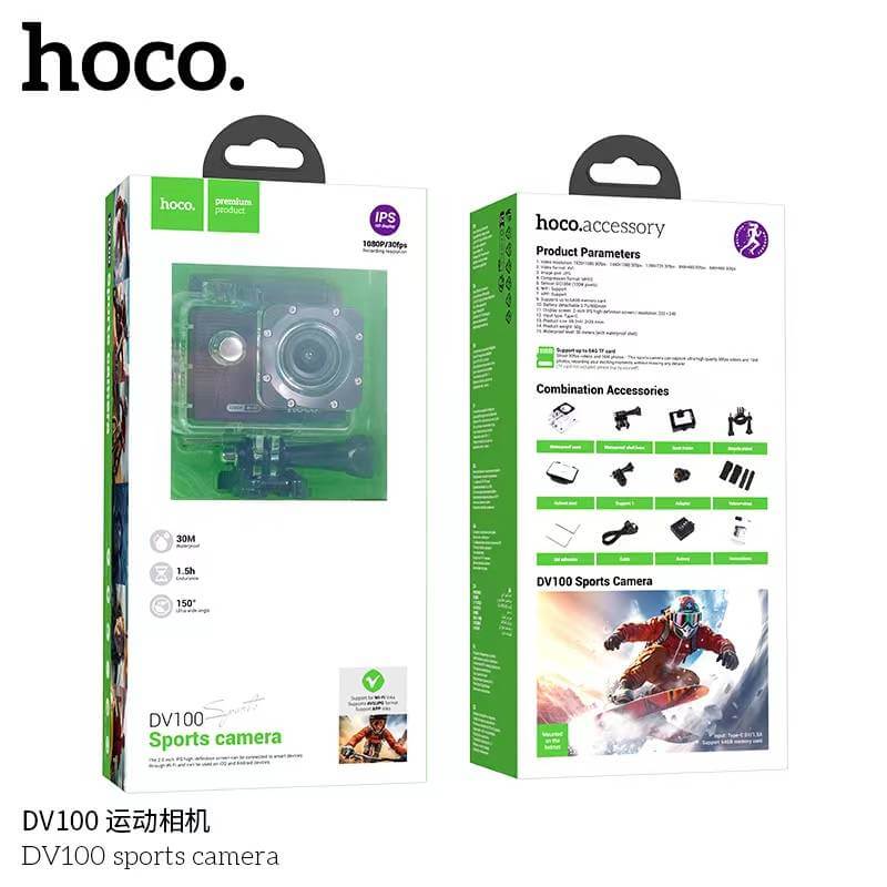 กล้องแอคชั่น HOCO DV100 สีดำ กันน้ำลึก 30 เมตร เลนส์ 150 องศา 1080P / 30FPS หน้าจอ IPS 2 นิ้ว