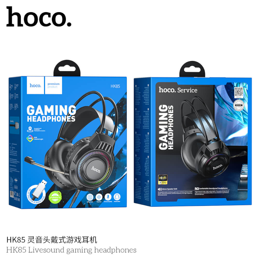 หูฟังเกมมิ่ง HOCO HK85 ดอกลำโพง 40MM ไมโครโฟน HD ถอดออกได้ แต่งไฟ RGB สายแจ็ค USB ยาว 2 เมตร
