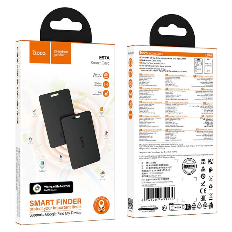 อุปกรณ์ติดตามจีพีเอส HOCO E97A สำหรับระบบ ANDROID รูปแบบการ์ด กันน้ำระดับ IP68 ชาร์จไร้สาย QI WIRELESS