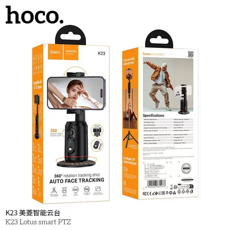 ขาตั้งมือถือ HOCO K23 AI SMART TRACKING หมุนได้ 360&deg; ติดตามใบหน้าอัตโนมัติ รีโมท BLUETOOTH 5.2 ควบคุมด้วยท่าทาง และฐานยึดขนาด 1/4 นิ้ว