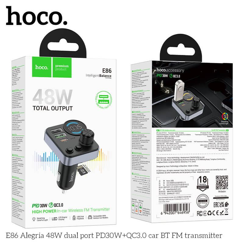 บลูทูธรถยนต์ + หัวชาร์จในรถ 2IN1 HOCO E86 ชาร์จเร็ว PD 30W + QC 3.0 รองรับแฟลชไดรฟ์ TF CARD สีดำ