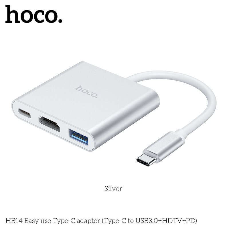 อะแดปเตอร์ฮับ HOCO HB14 แปลงช่อง TYPE-C เป็น 4K HDMI HDTV + USB 3.0 + PD 2.0 สีเงิน