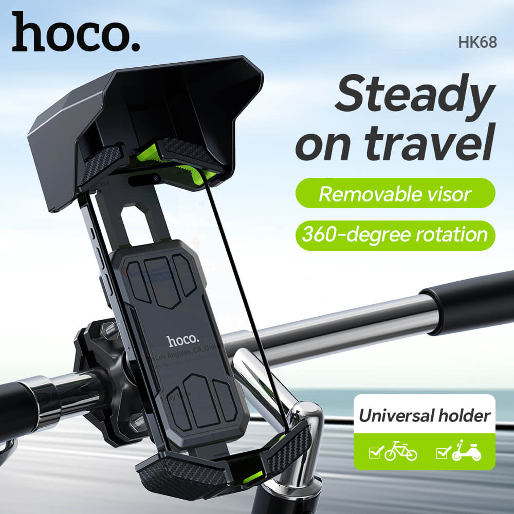 ที่จับโทรศัพท์ HOCO HK68 สีดำ สำหรับมอเตอร์ไซค์ พร้อมบังแดดกันฝน หมุนได้ 360&deg; ดีไซน์ล็อคด้วยปุ่มเดียว