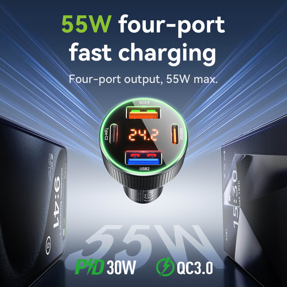 หัวชาร์จในรถยนต์ 4 พอร์ต HOCO HK66 จ่ายไฟสูงสุด 55W รองรับชาร์จเร็ว PD 30W + QC 3.0 มีจอบอกแรงดันไฟ