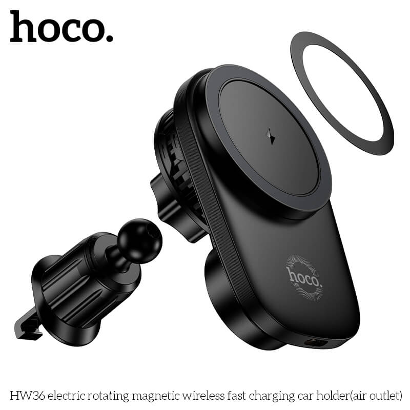 แท่นชาร์จไร้สาย 2-IN-1 HOCO HW36 พร้อมพัดลมระบายความร้อน รุ่นติดช่องแอร์ หมุนอัตโนมัติ จ่ายไฟ 15W