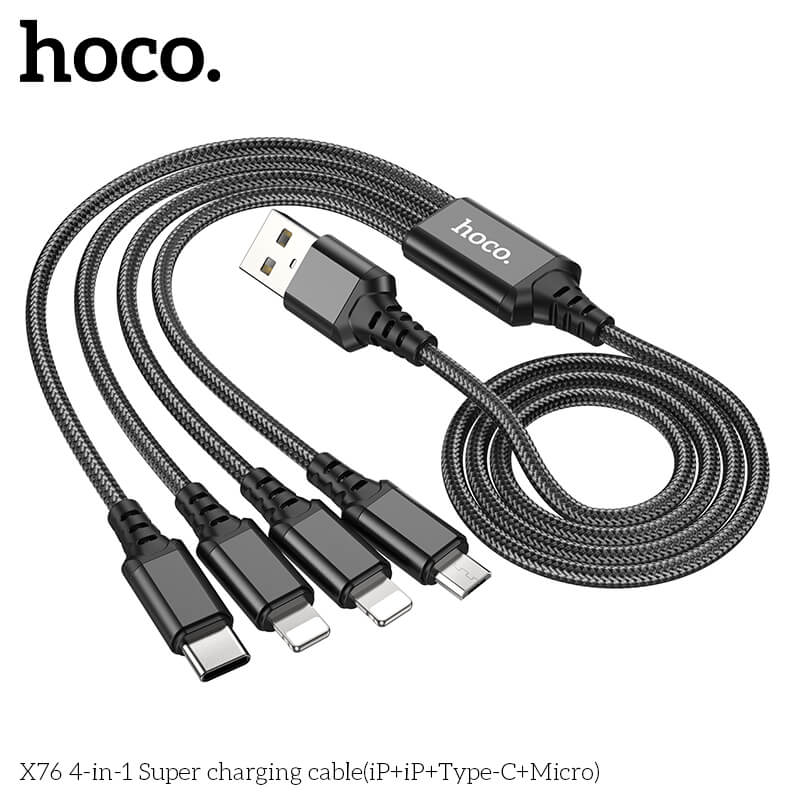 สายชาร์จ 4 หัว HOCO X76 4IN1 สำหรับ IOS (X2) + MICRO + TYPE-C (X2) ยาว 1 เมตร จ่ายไฟเต็ม 2A สีดำ