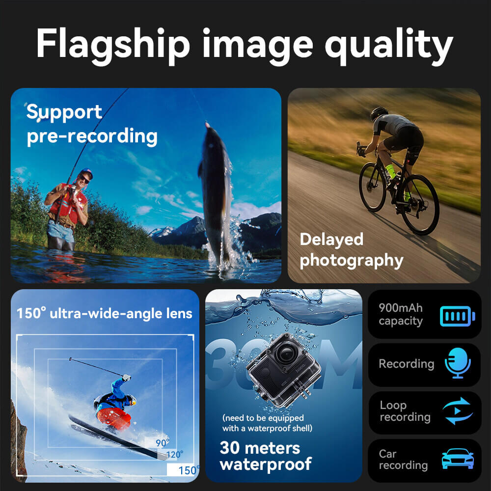 กล้องแอคชั่น HOCO DV100 สีดำ กันน้ำลึก 30 เมตร เลนส์ 150 องศา 1080P / 30FPS หน้าจอ IPS 2 นิ้ว