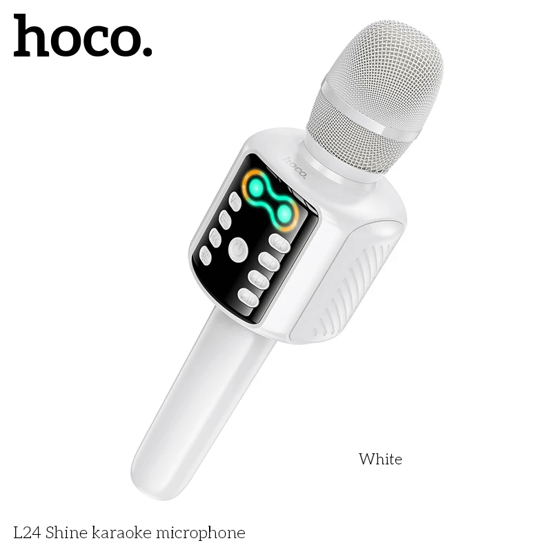 ไมโครโฟนคาราโอเกะ HOCO L24 สีขาว พร้อมลำโพงในตัว บลูทูธ 5.4, ไฟ RGB, เล่นไฟล์ผ่าน USB/TF/AUX