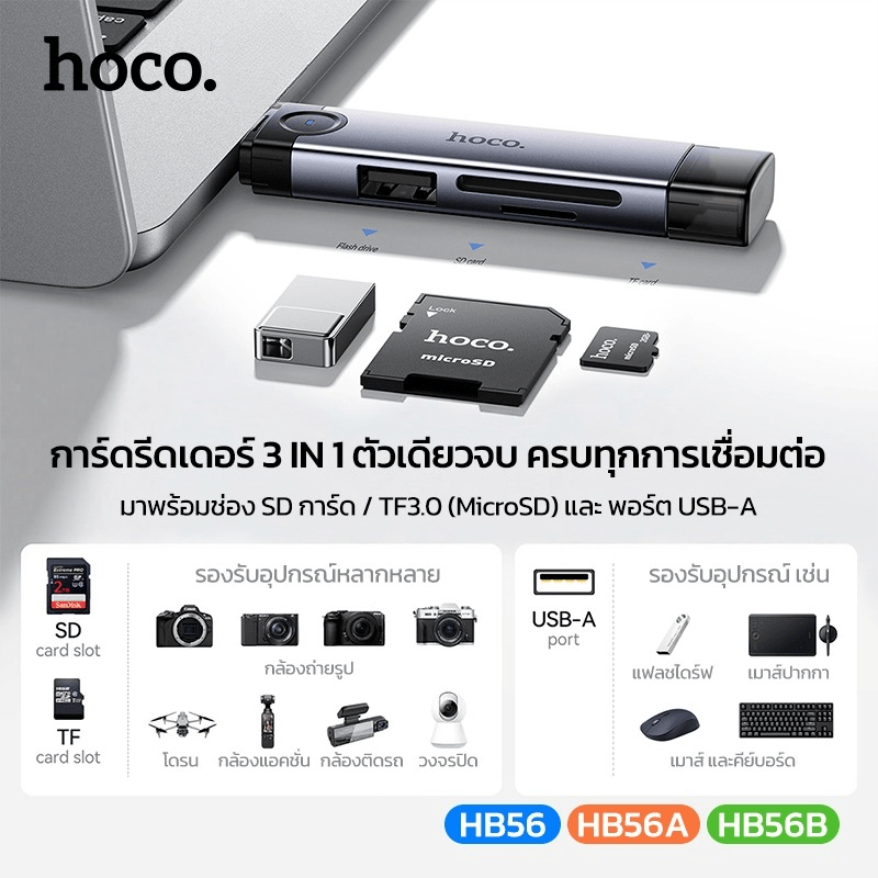 การ์ดรีดเดอร์ 3IN1 HOCO HB56A USB + IOS LIGHTNING อ่าน SD CARD, MICRO SD CARD, USB FLASH DRIVE รองรับ OTG ความเร็วสูง 5GBPS