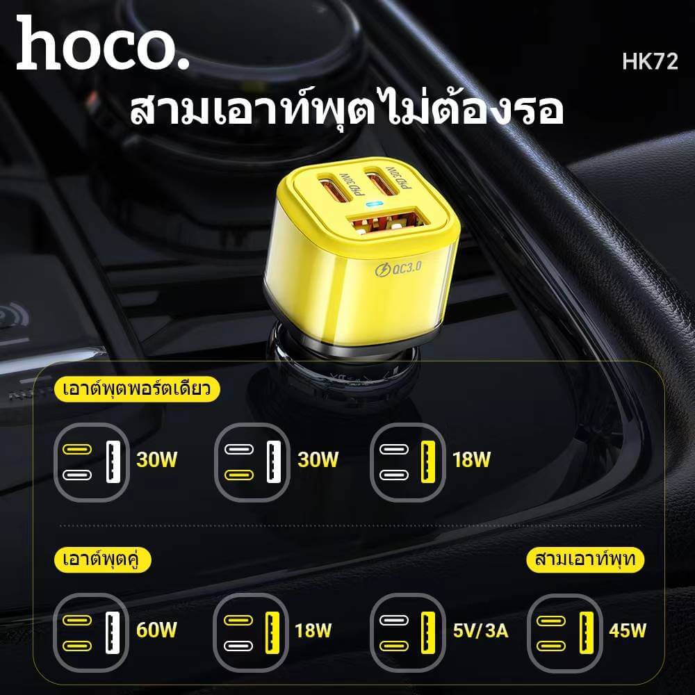 หัวชาร์จในรถ 3 พอร์ต HOCO HK72 พอร์ตชาร์จ TYPE-C X2 + USB X1 รองรับชาร์จเร็ว PD 30W + QC 3.0 สีดำ
