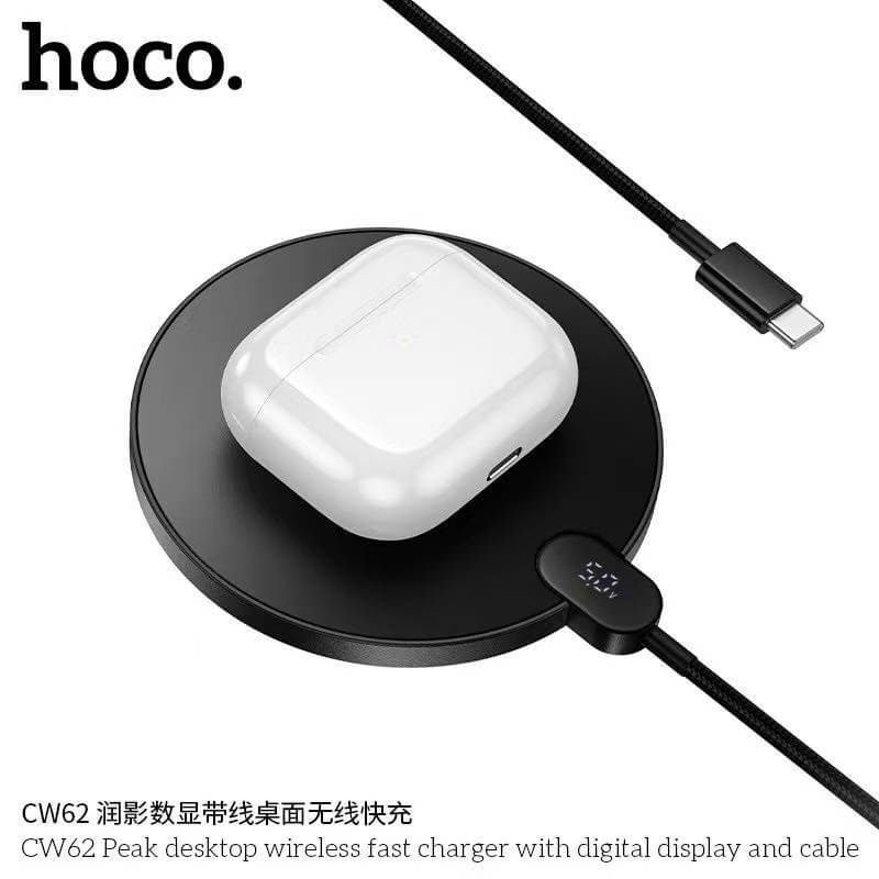 แท่นชาร์จไร้สาย 2IN1 HOCO CW62 ระบบ QI พร้อมหน้าจอ LED กำลังไฟสูงสุด 15W สำหรับสมาร์ทโฟน และ หูฟังไร้สาย สีดำ