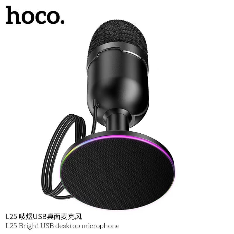 ไมโครโฟนตั้งโต๊ะ HOCO L25 จับเสียงรอบทิศ 360&deg; ต่อสาย USB-A พร้อมไฟ RGB