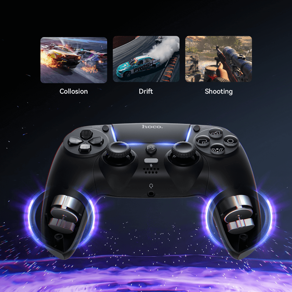 จอยเกมไร้สาย HOCO GA32 สำหรับใช้กับ PS5 / PC มอเตอร์สั่นคู่ รองรับหูฟัง สีดำ
