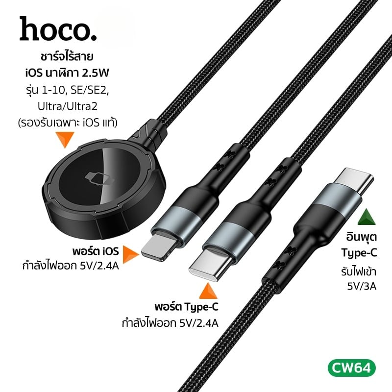 สายชาร์จ 3IN1 HOCO CW64 แท่นชาร์จนาฬิกา APPLE WATCH + TYPE-C + LIGHTNING