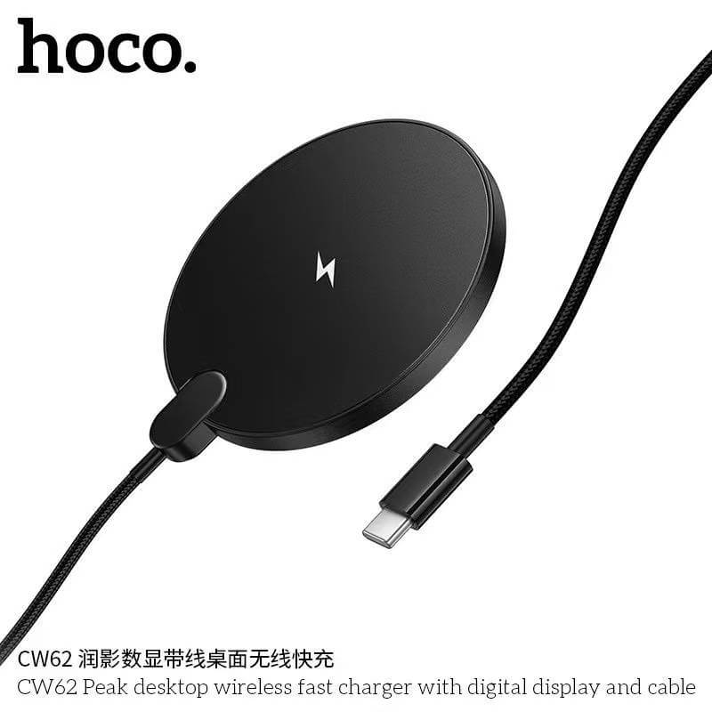 แท่นชาร์จไร้สาย 2IN1 HOCO CW62 ระบบ QI พร้อมหน้าจอ LED กำลังไฟสูงสุด 15W สำหรับสมาร์ทโฟน และ หูฟังไร้สาย สีดำ