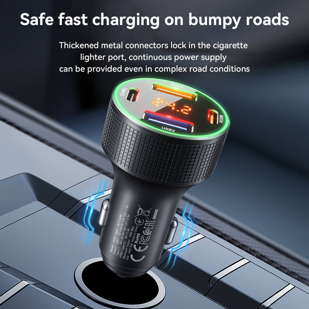 หัวชาร์จในรถยนต์ 4 พอร์ต HOCO HK66 จ่ายไฟสูงสุด 55W รองรับชาร์จเร็ว PD 30W + QC 3.0 มีจอบอกแรงดันไฟ