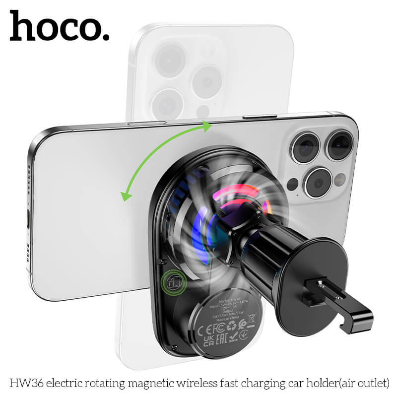 แท่นชาร์จไร้สาย 2-IN-1 HOCO HW36 พร้อมพัดลมระบายความร้อน รุ่นติดช่องแอร์ หมุนอัตโนมัติ จ่ายไฟ 15W