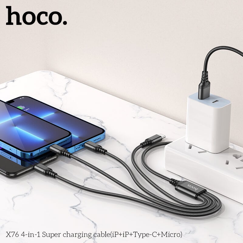 สายชาร์จ 4 หัว HOCO X76 4IN1 สำหรับ IOS (X2) + MICRO + TYPE-C (X2) ยาว 1 เมตร จ่ายไฟเต็ม 2A สีดำ