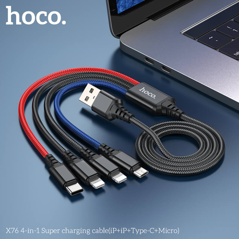 สายชาร์จ 4 หัว HOCO X76 4IN1 สำหรับ IOS (X2) + MICRO + TYPE-C (X2) ยาว 1 เมตร จ่ายไฟเต็ม 2A สีรวม