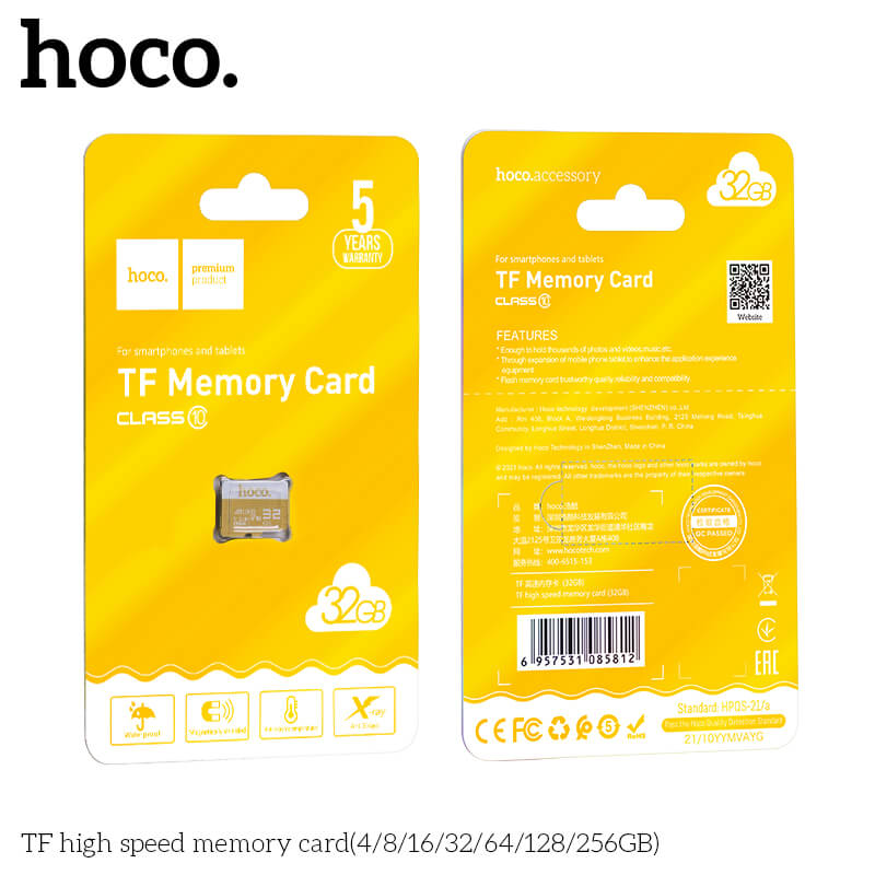การ์ดหน่วยความจำ MICRO SD HOCO 32GB CLASS 10 ความเร็วสูง สำหรับอุปกรณ์ดิจิทัล