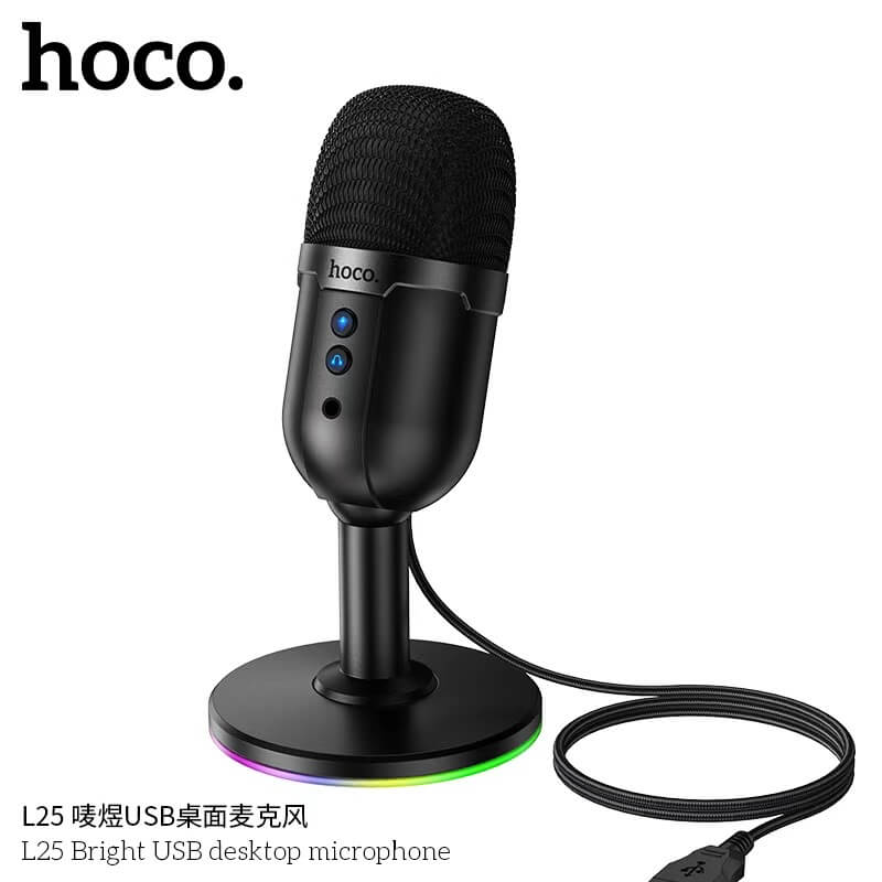 ไมโครโฟนตั้งโต๊ะ HOCO L25 จับเสียงรอบทิศ 360&deg; ต่อสาย USB-A พร้อมไฟ RGB