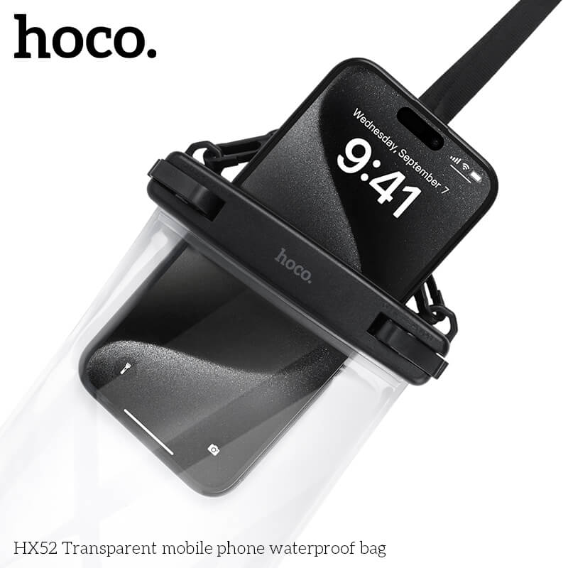 ซองมือถือกันน้ำ HOCO HX52 ระดับ IP68 ล็อค 2 ชั้น รองรับหน้าจอสัมผัส พร้อมสายคล้องคอ สีดำ