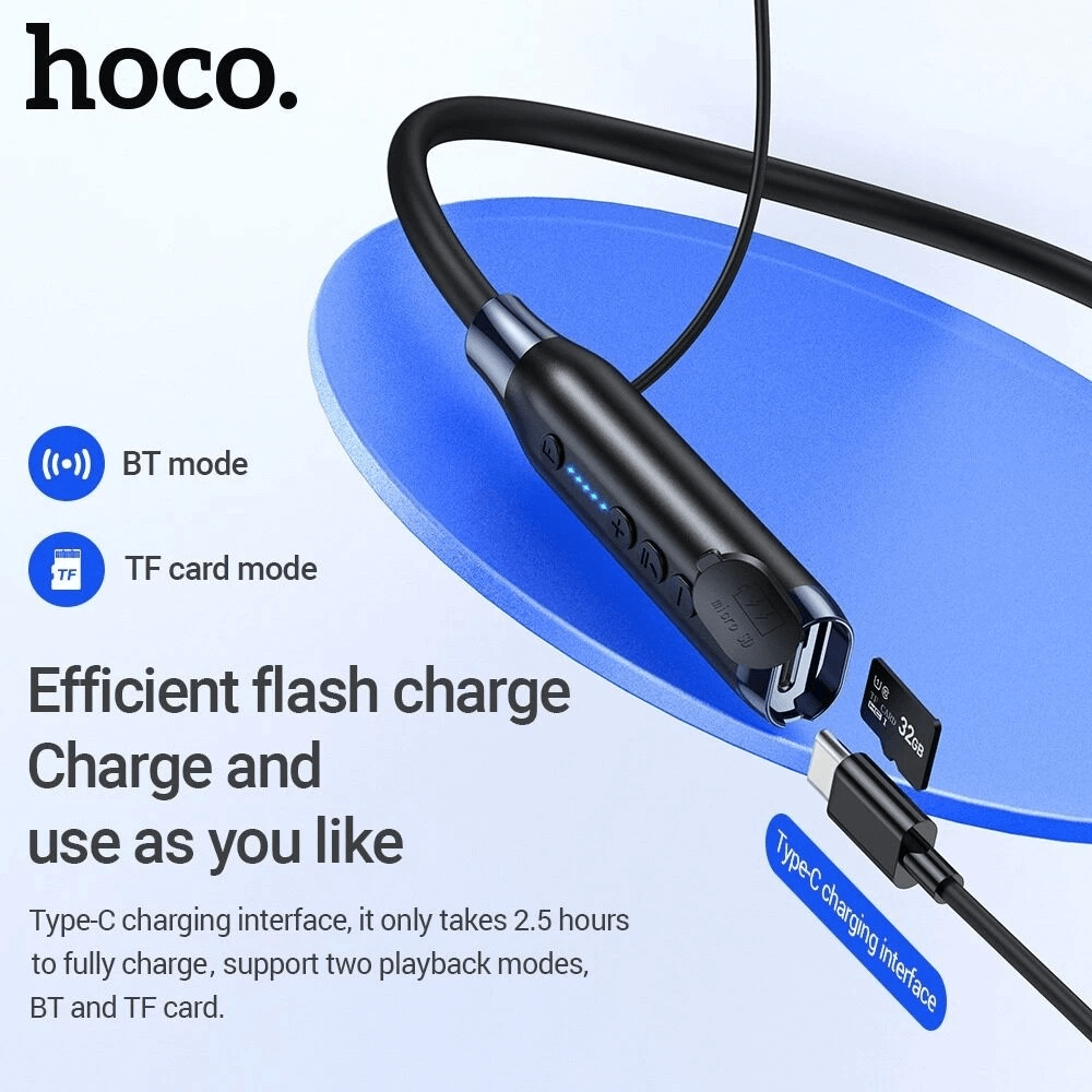 หูฟังไร้สาย HOCO ES62 สีเทา แบบคล้องคอ ใช้งานได้ต่อเนื่อง 120 ชม. รองรับ TF CARD ความจุ 32 GB