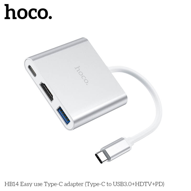 อะแดปเตอร์ฮับ HOCO HB14 แปลงช่อง TYPE-C เป็น 4K HDMI HDTV + USB 3.0 + PD 2.0 สีเงิน
