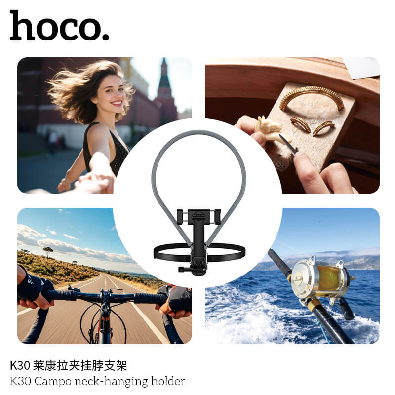 ที่จับโทรศัพท์ HOCO K30 สีดำ แบบคล้องคอ พร้อมสายรัดหน้าอก หมุนได้ 360&deg;