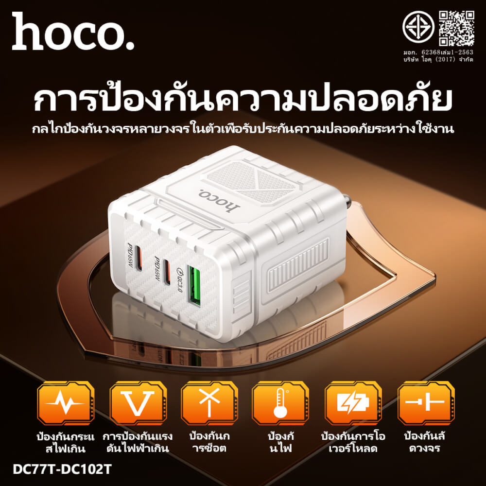 หัวชาร์จเร็ว 3 พอร์ต HOCO DC102T เทคโนโลยี GAN จ่ายไฟแรง PD 65W + QC 3.0 ช่องชาร์จ USB + TYPE-C สีขาว