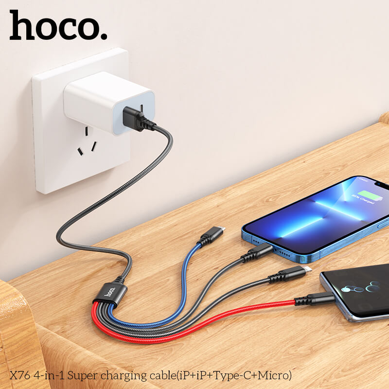 สายชาร์จ 4 หัว HOCO X76 4IN1 สำหรับ IOS (X2) + MICRO + TYPE-C (X2) ยาว 1 เมตร จ่ายไฟเต็ม 2A สีรวม