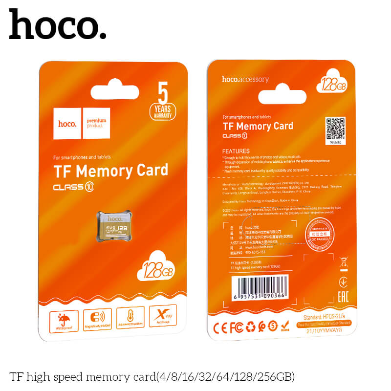 การ์ดหน่วยความจำ MICRO SD HOCO 128GB CLASS 10 ความเร็วสูง สำหรับอุปกรณ์ดิจิทัล