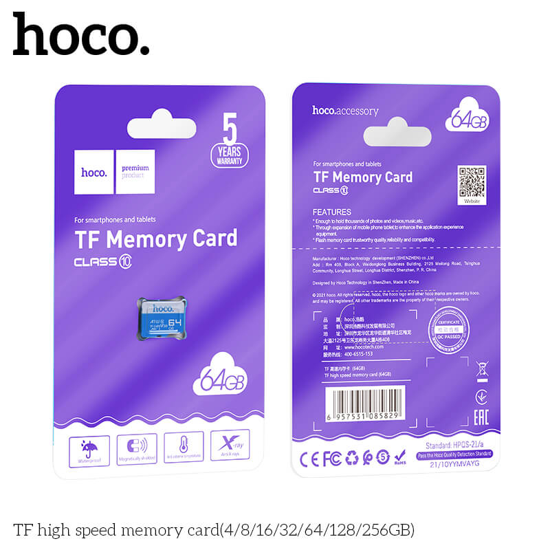 การ์ดหน่วยความจำ MICRO SD HOCO 64GB CLASS 10 ความเร็วสูง สำหรับอุปกรณ์ดิจิทัล