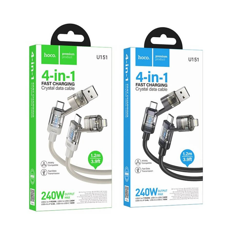 สายชาร์จเร็ว 4IN1 HOCO U151 สีดำ จ่ายไฟ 240W TYPE-C & USB-A TO TYPE-C / IP
