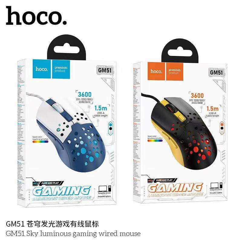 เมาส์เกมมิ่ง HOCO GM51 ปรับ DPI 4 ระดับ สูงสุด 3600 สายยาว 1.5M สีน้ำเงิน
