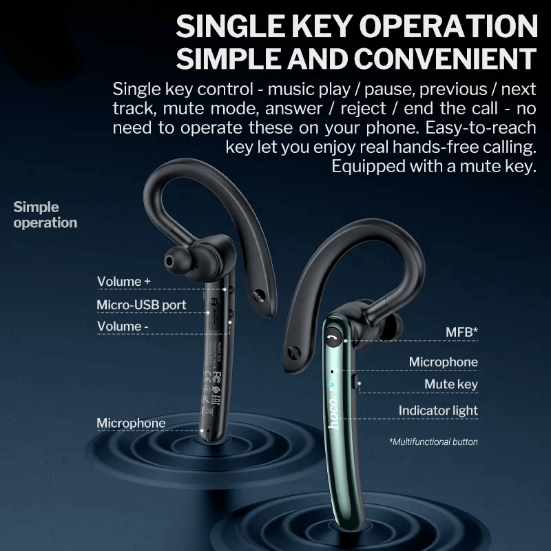 หูฟังไร้สาย HOCO S19 พร้อมระบบตัดเสียงรบกวน DOUBLE ENC สนทนาได้นาน 9 ชั่วโมง, BT 5.0, สีดำ