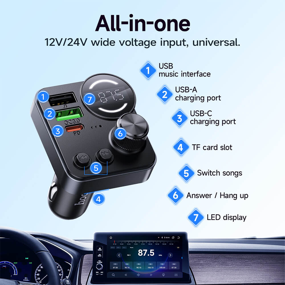 บลูทูธรถยนต์ + หัวชาร์จในรถ 2IN1 HOCO E86 ชาร์จเร็ว PD 30W + QC 3.0 รองรับแฟลชไดรฟ์ TF CARD สีดำ